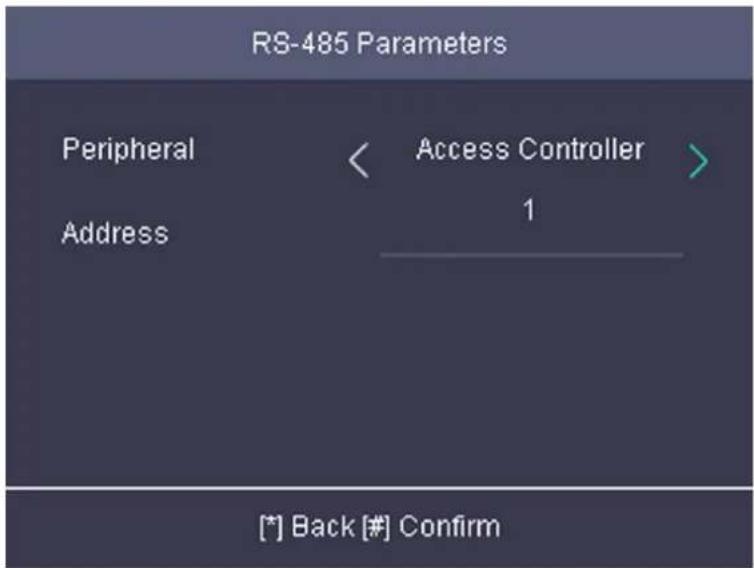 RS-485 Parameters Peripheral Address < Access Controller > 1 [*] Back [#] Confirm