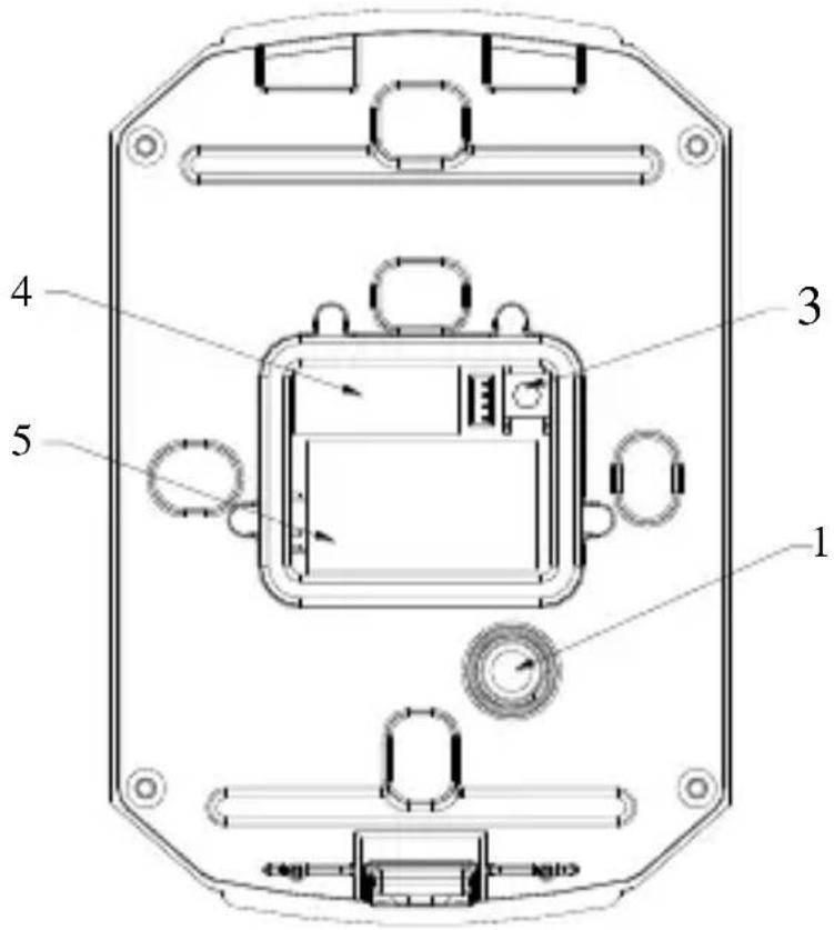Technical diagram of a device casing with numbered components and labeled parts
