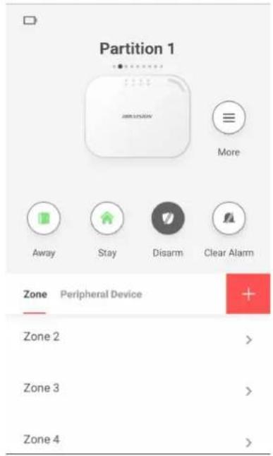 Partition 1 More Away Stay Disarm Clear Alarm Zone Peripheral Device Zone 2 > Zone 3 > Zone 4 >