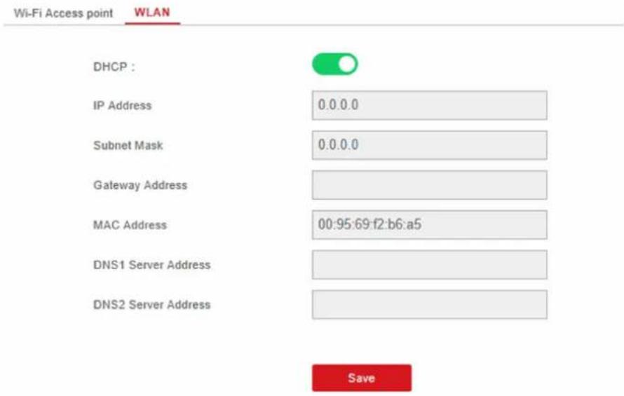 Wi-Fi Access point WLAN DHCP : IP Address 0.0.0.0 Subnet Mask 0.0.0.0 Gateway Address MAC Address 00:95:69:f2:b6:a5 DNS1 Server Address DNS2 Server Address Save