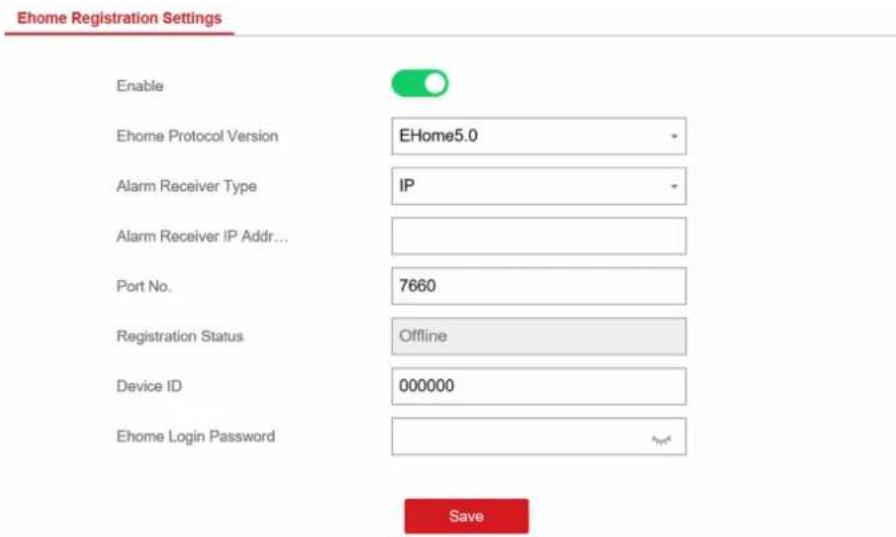 Ehome Registration Settings Enable Ehome Protocol Version EHome5.0 Alarm Receiver Type IP Alarm Receiver IP Addr... Port No. 7660 Registration Status Offline Device ID 000000 Ehome Login Password Save