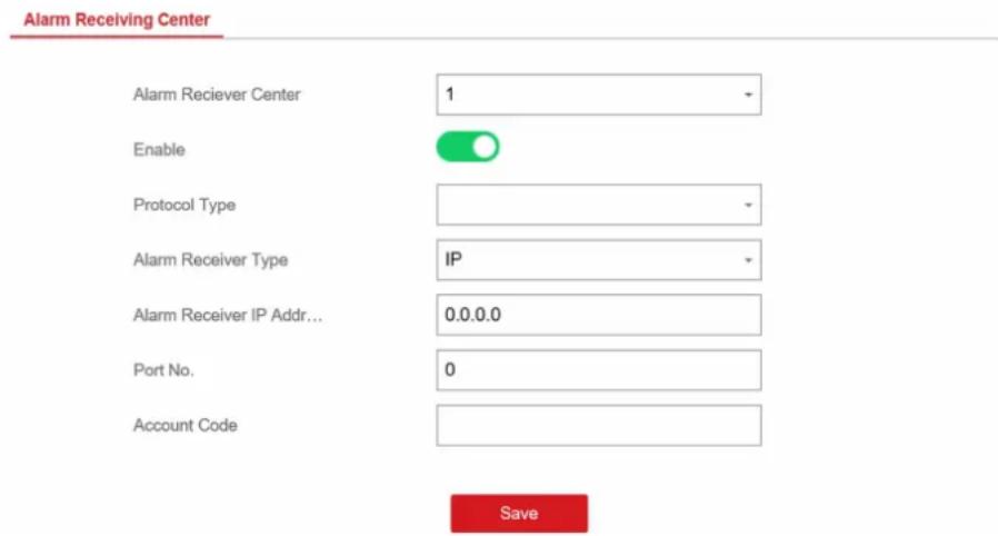 Alarm Receiving Center Alarm Reciever Center 1 Enable Protocol Type Alarm Receiver Type IP Alarm Receiver IP Addr... 0.0.0.0 Port No. 0 Account Code Save