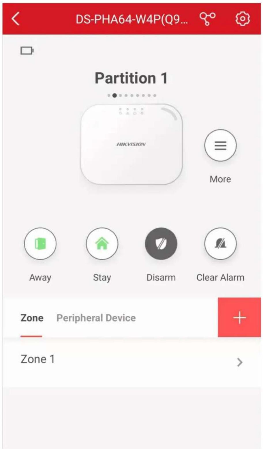 DS-PHA64-W4P(Q9... Partition 1 HIKVISION More Away Stay Disarm Clear Alarm Zone Peripheral Device Zone 1 >
