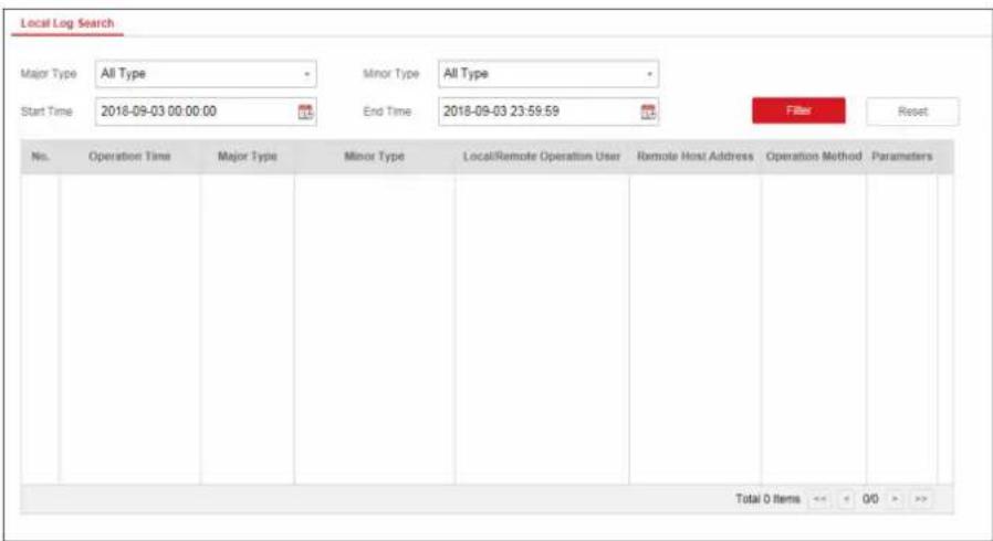 Local Log Search Major Type All Type Minor Type All Type Start Time 2018-09-03 00:00:00 End Time 2018-09-03 23:59.59 Filter Reset No. Operation Time Major Type Minor Type Local/Remote Operation User Remote Host Address Operation Method Parameters Total O Items << < 0/0 > >>