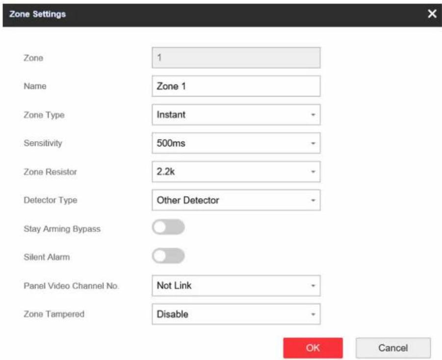Zone Settings Zone 1 Name Zone 1 Zone Type Instant Sensitivity 500ms Zone Resistor 2.2k Detector Type Other Detector Stay Arming Bypass Silent Alarm Panel Video Channel No. Not Link Zone Tampered Disable OK Cancel