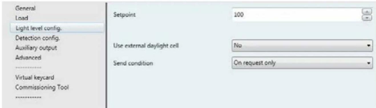 General Load Light level config. Detection config. Auxiliary output Advanced Virtual keycard Commissioning Tool Setpoint 100 Use external daylight cell No Send condition On request only