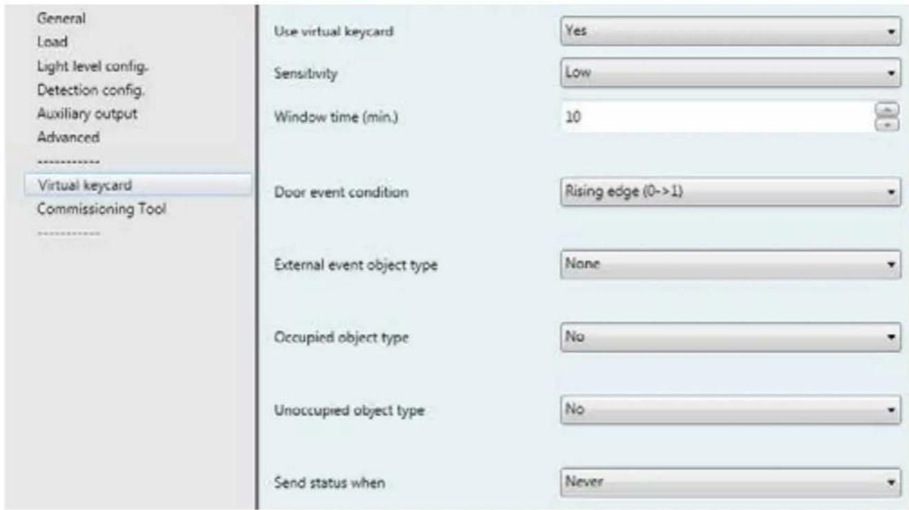 General Load Light level config. Detection config. Auxiliary output Advanced Virtual keycard Commissioning Tool Use virtual keycard Yes Sensitivity Low Window time (min.) 10 Door event condition Rising edge (0->1) External event object type None Occupied object type No Unoccupied object type No Send status when Never