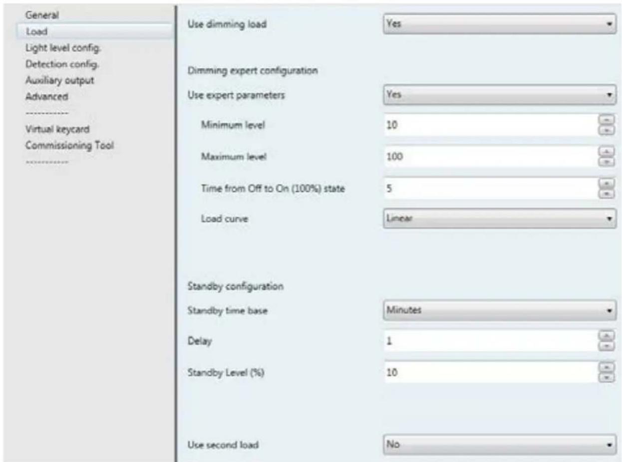 General Load Light level config. Detection config. Auxiliary output Advanced Virtual keycard Commissioning Tool Use dimming load Yes Dimming expert configuration Use expert parameters Yes Minimum level 10 Maximum level 100 Time from Off to On (100%) state 5 Load curve Linear Standby configuration Standby time base Minutes Delay 1 Standby Level (%) 10 Use second load No