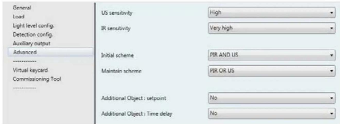 General Load Light level config. Detection config. Auxiliary output Advanced Virtual keycard Commissioning Tool US sensitivity High IR sensitivity Very high Initial scheme PIR AND US Maintain scheme PIR OR US Additional Object : setpoint No Additional Object : Time delay No