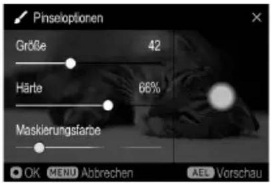 Pinseloptionen Größe 42 Härte 66% Maskierungsfarbe OK MENU Abbrechen AEL Vorschau