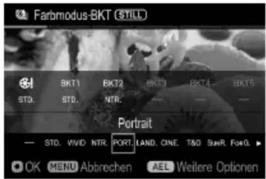 Farbmodus-BKT (STILL) BKT1 BKT2 BKT3 BKT4 BKT5 STD. STD. NTR. Portrait — STD. VIVD NTR. PORT. LAND. CINE. T&O SUM. FORG. OK MENU Abbrechen AEL Weilere Optionen