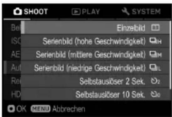 SHOOT PLAY SYSTEM Bet Einzelbild ISO Serienbild (hohe Geschwindigkeit) AE Serienbild (mittlere Geschwindigkeit) Aut Serienbild (niedrige Geschwindigkeit) Ret Selbstauslöser 2 Sek. HD Selbstauslöser 10 Sek. OK MENU Abbrechen