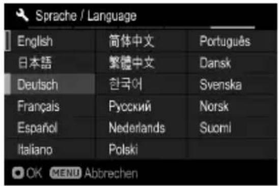 Sprache / Language English 简体中文 Português 日本語 繁體中文 Dansk Deutsch 한국어 Svenska Français Pyocskii Norsk Español Nederlands Suomi Italiano Polski OK MENU Abbrechen