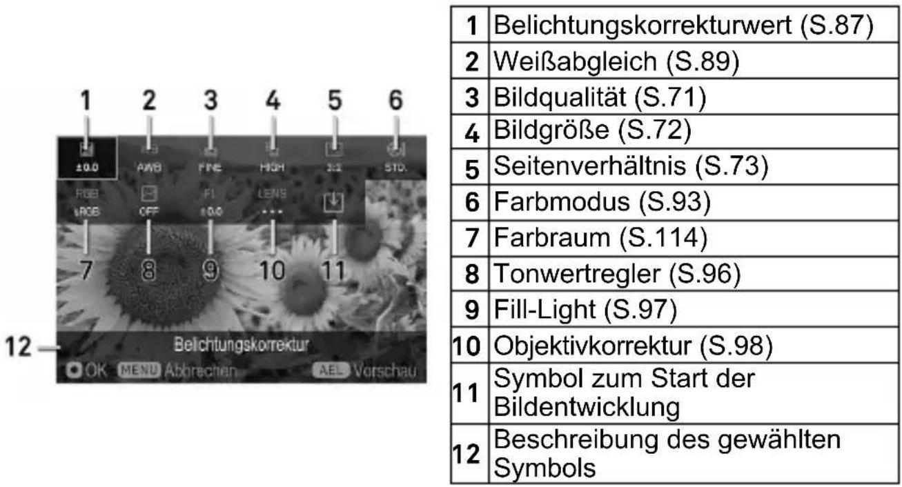 1 Belichtungskorrekturwert (S.87) 2 Weißabgleich (S.89) 3 Bildqualität (S.71) 4 Bildgröße (S.72) 5 Seitenverhältnis (S.73) 6 Farbmodus (S.93) 7 Farbraum (S.114) 8 Tonwertregler (S.96) 9 Fill-Light (S.97) 10 Objektivkorrektur (S.98) 11 Symbol zum Start der Bildentwicklung 12 Beschreibung des gewählten Symbols