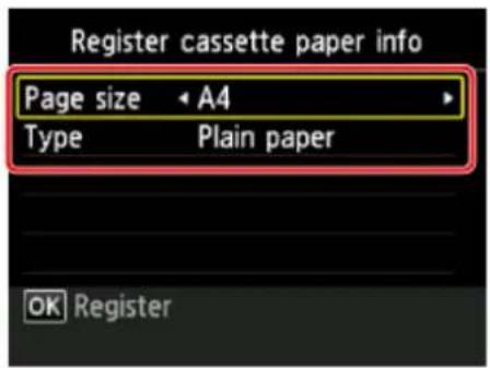 CANON Maxify MB2120 - Select the size and type of paper in the cassette in Page size and Type, and then press the OK button. - 1
