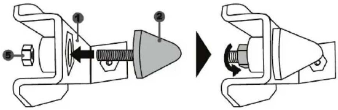 Technical diagram showing mechanical assembly steps with numbered components and directional arrow indicating rotation or adjustment.