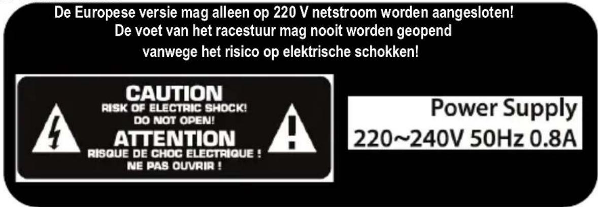 De Europese versie mag alleen op 220 V netstroom worden aangesloten! De voet van het racestuur mag nooit worden geopend vanwege het risico op elektrische schokken! CAUTION RISK OF ELECTRIC SHOCK! DO NOT OPEN! ATTENTION RISQUE DE CHOC ELECTRIQUE ! NE PAS OUVRIR ! Power Supply 220~240V 50Hz 0.8A