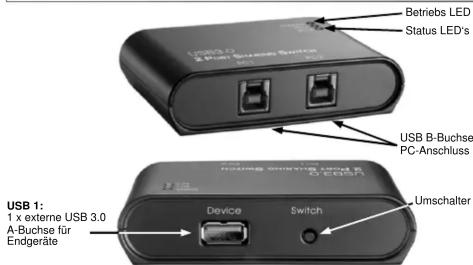 Betriebs LED Status LED's USB B-Buchse PC-Anschluss USB 1: 1 x externe USB 3.0 A-Buchse für Endgeräte Device Switch Umschalter