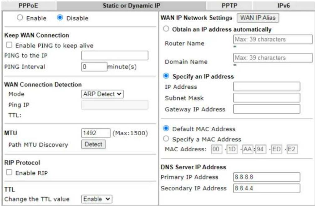Draytek Vigor 2620L - II-2-2-6 Details Page for Static or Dynamic IP in WAN2 (Physical Mode: Ethernet) - 1