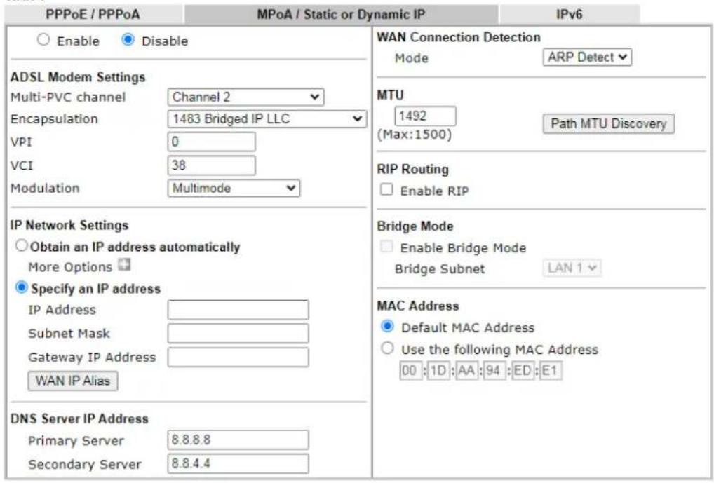 Draytek Vigor 2620L - II-2-2-2 Details Page for MPoA/Static or Dynamic IP in WAN1 (Physical Mode: ADSL) - 1