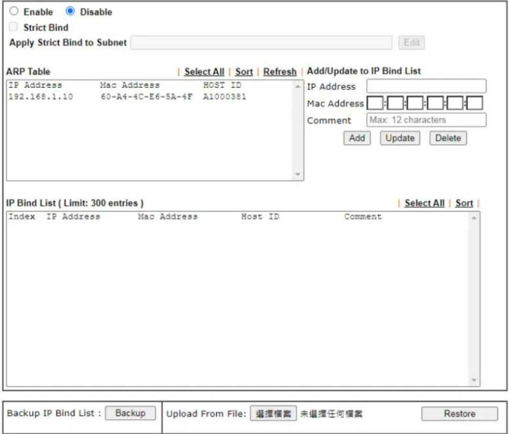 Draytek Vigor 2620L - II-3-3 Bind IP to MAC - 1
