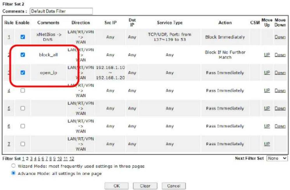 Draytek Vigor 2620L - Both filter rules have been created. Click OK. - 1