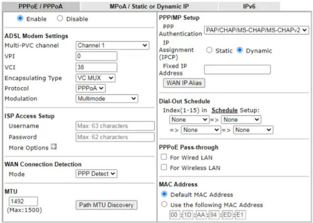 Draytek Vigor 2620L - II-2-2-3 Details Page for PPPoE in WAN1 (Physical Mode: VDSL2) - 1