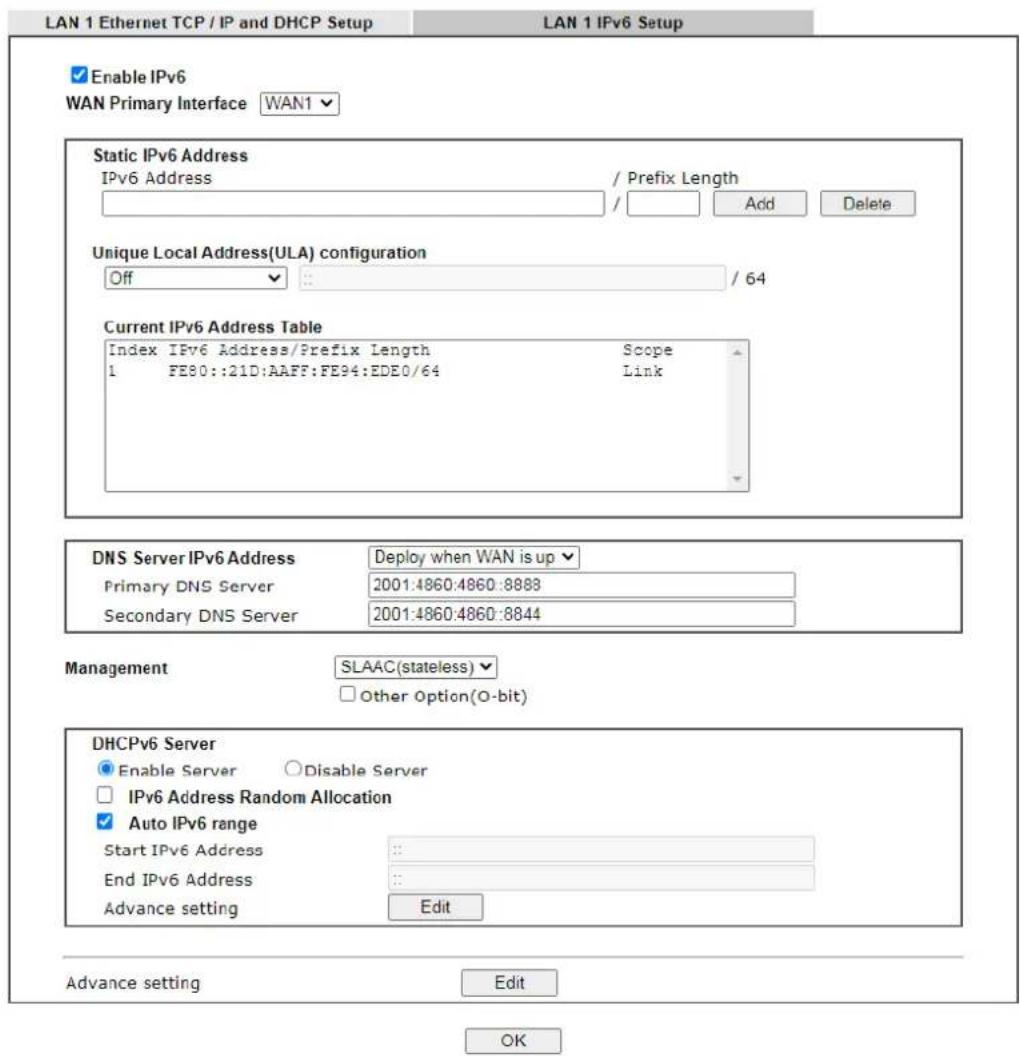 Draytek Vigor 2620L - II-3-1-4 Details Page for LAN IPv6 Setup - 1