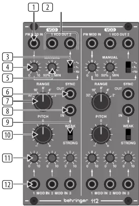 1 2 VCO PW MOD IN 1 VCO OUT 2 P/W MOD IN 1 VCO OUT 2 MANUAL 0 10 50% MIN RANGE SYNC 16' B' 4' OUT 32' 7 8 9 PITCH IN 0 WEAK STRONG 10 11 12 1 MOD IN 2 MOD IN 3 1 MOD IN 2 MOD IN 3 behringer 112