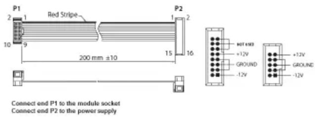 P1 Red Stripe P2 200 mm ±10 HOT +60 +12V GROUND -12V +12V GROUND -12V Connect end P1 to the module socket Connect end P2 to the power supply