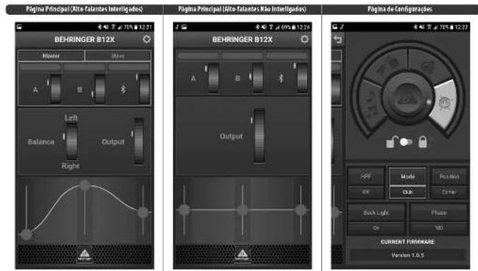 Página Principal (Alte Falantes Interligadas) BEHRINGER B12X Master A B Left Balance Output Right Página Principal (Alte Falantes Kia Interligadas) BEHRINGER B12X A B Output Página de Configurações OFF Mode Position Off Club Outer Back Light Phase On 100 CURRENT FIRMWARE Version 1.0.5