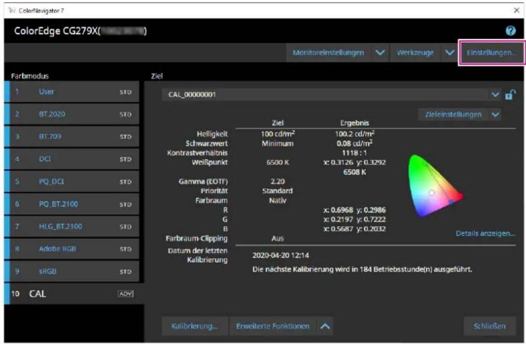 ColorNavigator 7 ColorEdge CG279X( Monitoreinstellungen Werkzeuge Einstellungen... Farbmodus Ziel CAL_00000001 Zieleinstellungen 1 User STD 2 BT.2020 STD 3 BT.709 STD 4 DCI STD 5 PQ_DCI STD 6 PQ_BT.2100 STD 7 HLG_BT.2100 STD 8 Adobe RGB STD 9 sRGB STD 10 CAL ADV Helligkeit 100 cd/m² 100.2 cd/m² Schwarzwert Minimum 0.08 cd/m² Kontrastverhältnis 1118 : 1 Weißpunkt 6500 K x: 0.3126 y: 0.3292 6508 K Gamma (EOTF) 2.20 Priorität Standard Farbraum Nativ R x: 0.6968 y: 0.2986 G x: 0.2197 y: 0.7222 B x: 0.5687 y: 0.2032 Farbraum Clipping Aus Datum der letzten Kalibrierung 2020-04-20 12:14 Die nächste Kalibrierung wird in 184 Betriebsstunde(n) ausgeführt. Details anzeigen... Kalibrierung... Erweiterte Funktionen Schließen