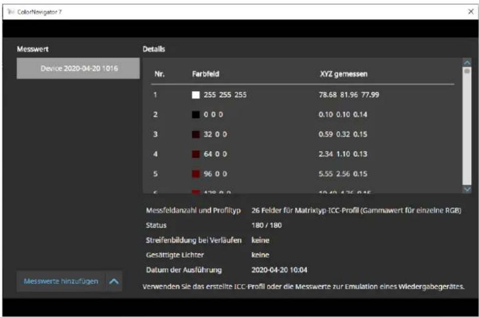 ColorNavigator 7 Messwert Device 2020-04-20 1016 Details Nr. Farbfeld XYZ gemessen 1 255 255 255 78.68 81.96 77.99 2 0 0 0 0.10 0.10 0.14 3 32 0 0 0.59 0.32 0.15 4 64 0 0 2.34 1.10 0.13 5 96 0 0 5.55 2.56 0.15 6 128 0 0 10.40 4.75 0.15 Messfeldanzahl und Profityp 26 Felder für Matrixtyp-ICC-Profil (Gammawert für einzelne RGB) Status 180 / 180 Streifenbildung bei Verläufen keine Gesättigte Lichter keine Datum der Ausführung 2020-04-20 10:04 Verwenden Sie das erstellte ICC-Profil oder die Messwerte zur Emulation eines Wiedergabegerätes. Messwerte hinzufügen