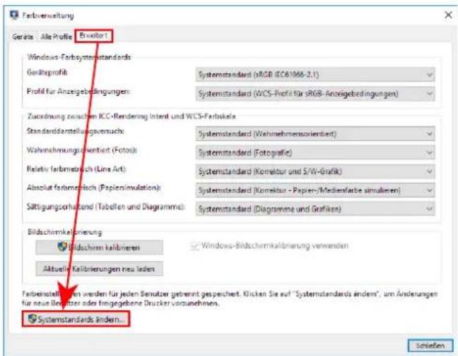 Farbverswaltung Geräte - Alle Profite - Erwartort Windows-Farbsystemstandards Gerdkaprofit Systemstandard (sRGB IEC61966-2.1) Profit für Anzegebildungen: Systemstandard (WCS-Profit für sRGB-Anzegebildungen) Zuordnung zwischen ICC-Rendering Intent und WCS-Ferbiskete Standarddarstellungsvorsuche: Systemstandard (Wahnehmensorientiert) Wahnehmensorientiert (Fotos): Systemstandard (Fotografie) Relativ farbmielisch (Line Art) Systemstandard (Korrektur und S/W-Grafik) Absolut farbmielisch (Papiersimulation): Systemstandard (Korrektur - Papieren/Medienfarbe simulieren) Sättigungsorhaltend (Tabellen und Diagramme): Systemstandard (Diagramme und Grafiken) Bildschirmkalibrierung Bildschirm kalibrieren Windows-Bildschirmkalibrierung verwenden Aktuelle Kalibrierungen neu laden Farbeinstellungen werden für jeden Sensitzer gebrennt gespeichert. Klicken Sie auf "Systemstandards ändem", um Änderungen für neue Sensitzer oder freigegebene Drucker vorzunehmen. Systemstandards ändern... Schießen