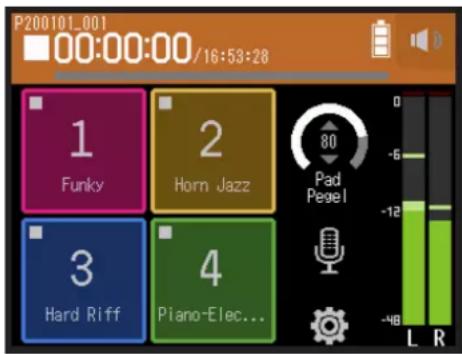 P200101_001 00:00:00/16:53:28 1 Funky 2 Horn Jazz 3 Hard Riff 4 Piano-Elec... 80 Pad Pegel -6 -12 L R