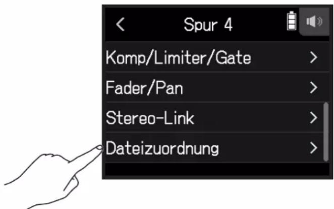 Spur 4 Komp/Limiter/Gate > Fader/Pan > Stereo-Link > Dateizuordnung >