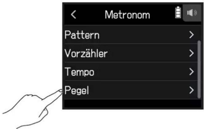 Metronom Pattern > Vorzähler > Tempo > Pegel >