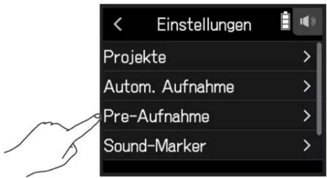 Einstellungen Projekte > Autom. Aufnahme > Pre-Aufnahme > Sound-Marker >