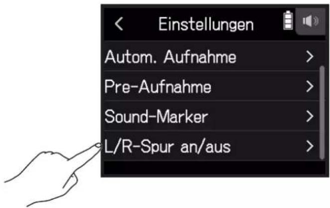 Einstellungen Autom. Aufnahme > Pre-Aufnahme > Sound-Marker > L/R-Spur an/aus >