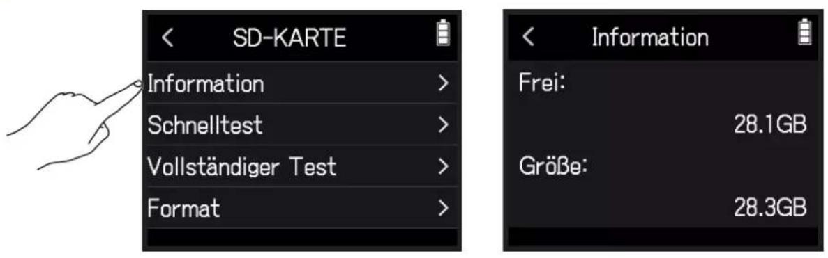 SD-KARTE Information > Schnelltest > Vollständiger Test > Format >< Information Frei: 28.1GB Größe: 28.3GB