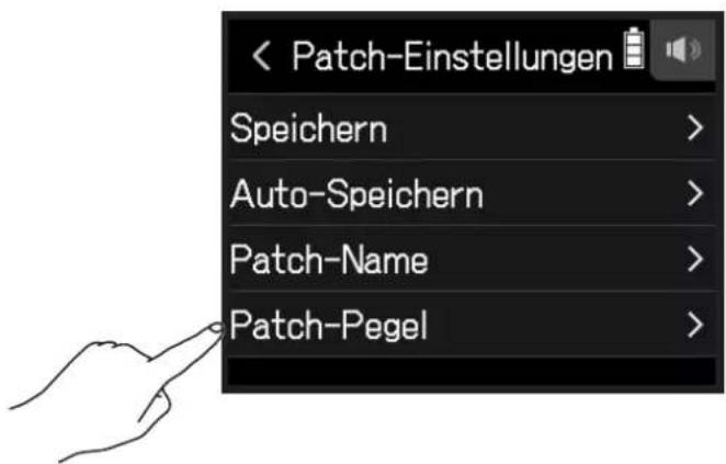 < Patch-Einstellungen Speichern > Auto-Speichern > Patch-Name > Patch-Pegel >