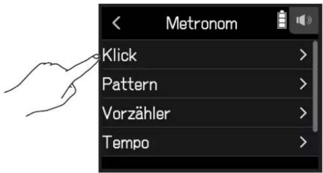 Metronom Klick > Pattern > Vorzähler > Tempo >