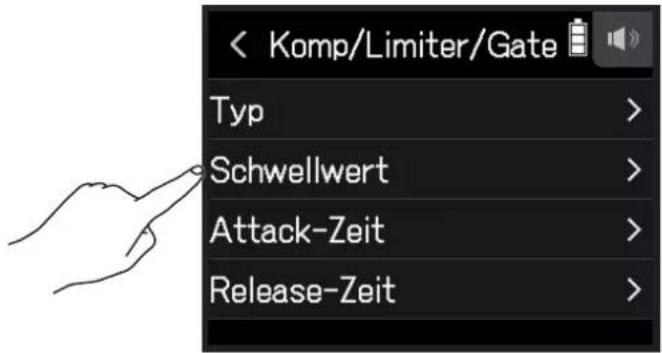 < Komp/Limiter/Gate Typ > Schwellwert > Attack-Zeit > Release-Zeit >