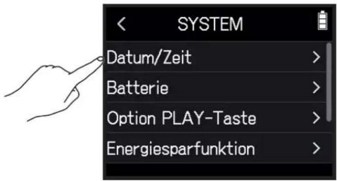 SYSTEM Datum/Zeit > Batterie > Option PLAY-Taste > Energiesparfunktion >
