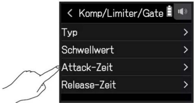 < Komp/Limiter/Gate Typ > Schwellwert > Attack-Zeit > Release-Zeit >
