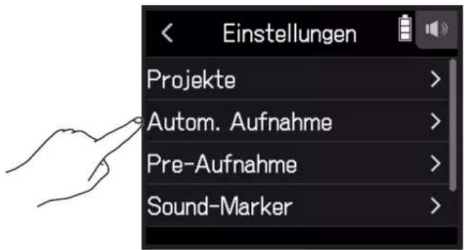 Einstellungen Projekte > Autom. Aufnahme > Pre-Aufnahme > Sound-Marker >