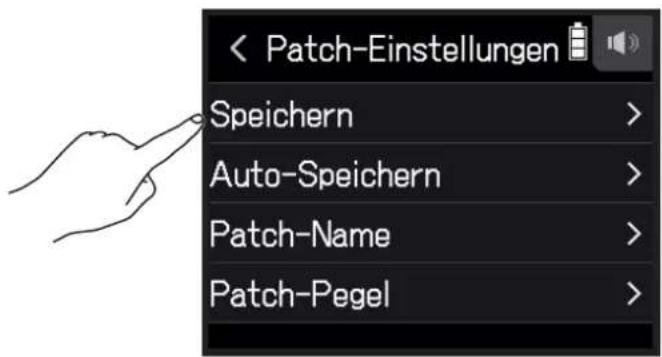 < Patch-Einstellungen Speichern > Auto-Speichern > Patch-Name > Patch-Pegel >