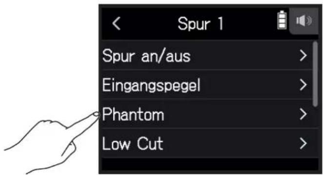 Spur 1 Spur an/aus > Eingangspegel > Phantom > Low Cut >