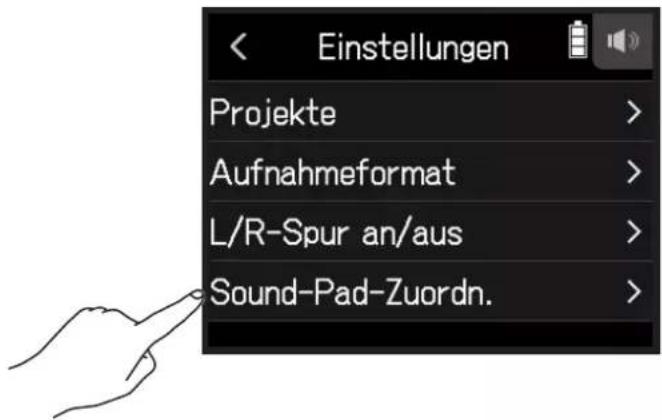 Einstellungen Projekte > Aufnahmeformat > L/R-Spur an/aus > Sound-Pad-Zuordn.