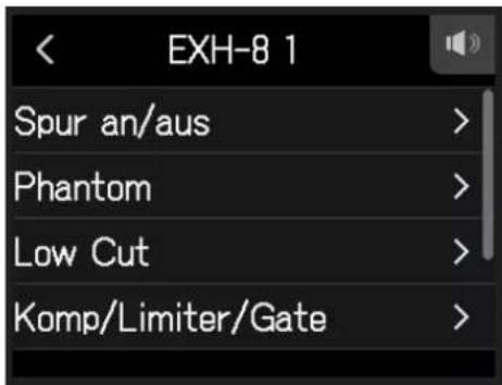 EXH-8 1 Spur an/aus > Phantom > Low Cut > Komp/Limiter/Gate >